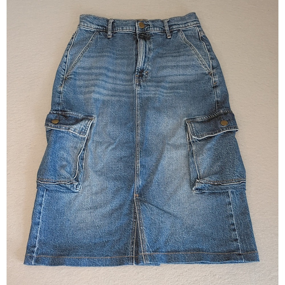 ANA Skirt Size 2 Blue‎ Denim High Rise Cargo Pockets 27" Long Midi Front Slit